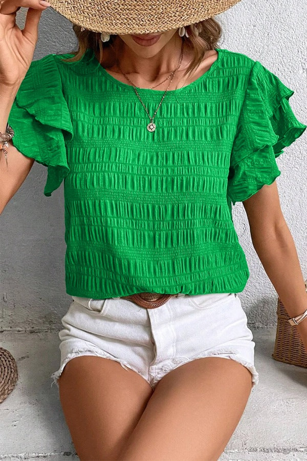 Textured Ruffled Sleeve Round Neck Top.