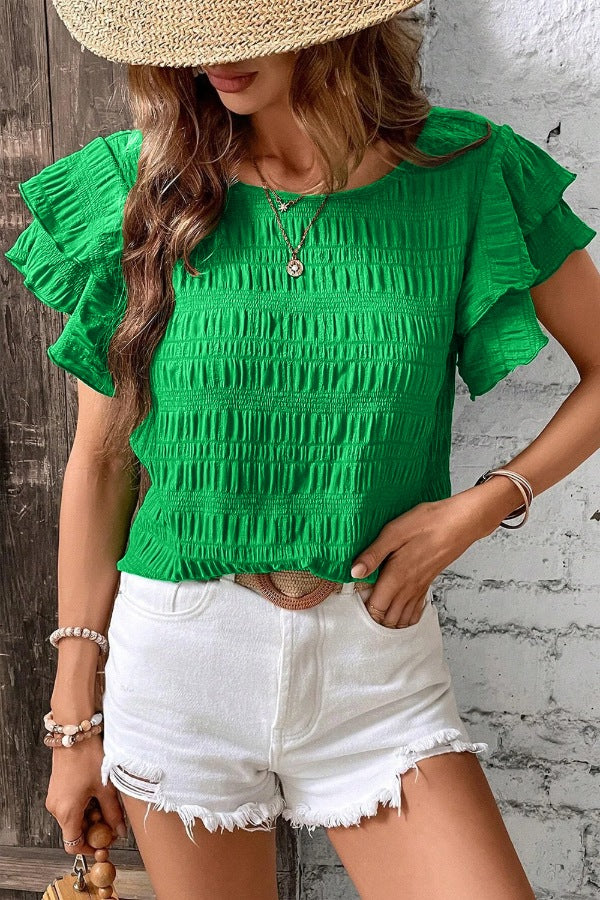 Textured Ruffled Sleeve Round Neck Top.