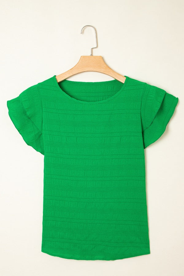 Textured Ruffled Sleeve Round Neck Top.