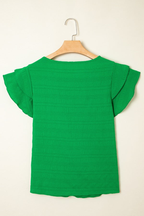 Textured Ruffled Sleeve Round Neck Top.