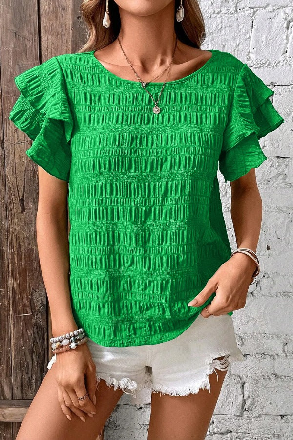 Textured Ruffled Sleeve Round Neck Top.