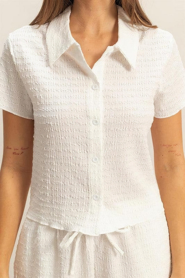 Women's textured short sleeve top and drawstring shorts knit set with buttons and pockets