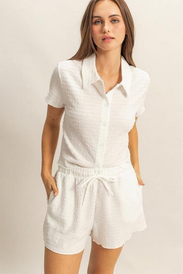 Women's textured short sleeve top and drawstring shorts knit set with buttons and pockets