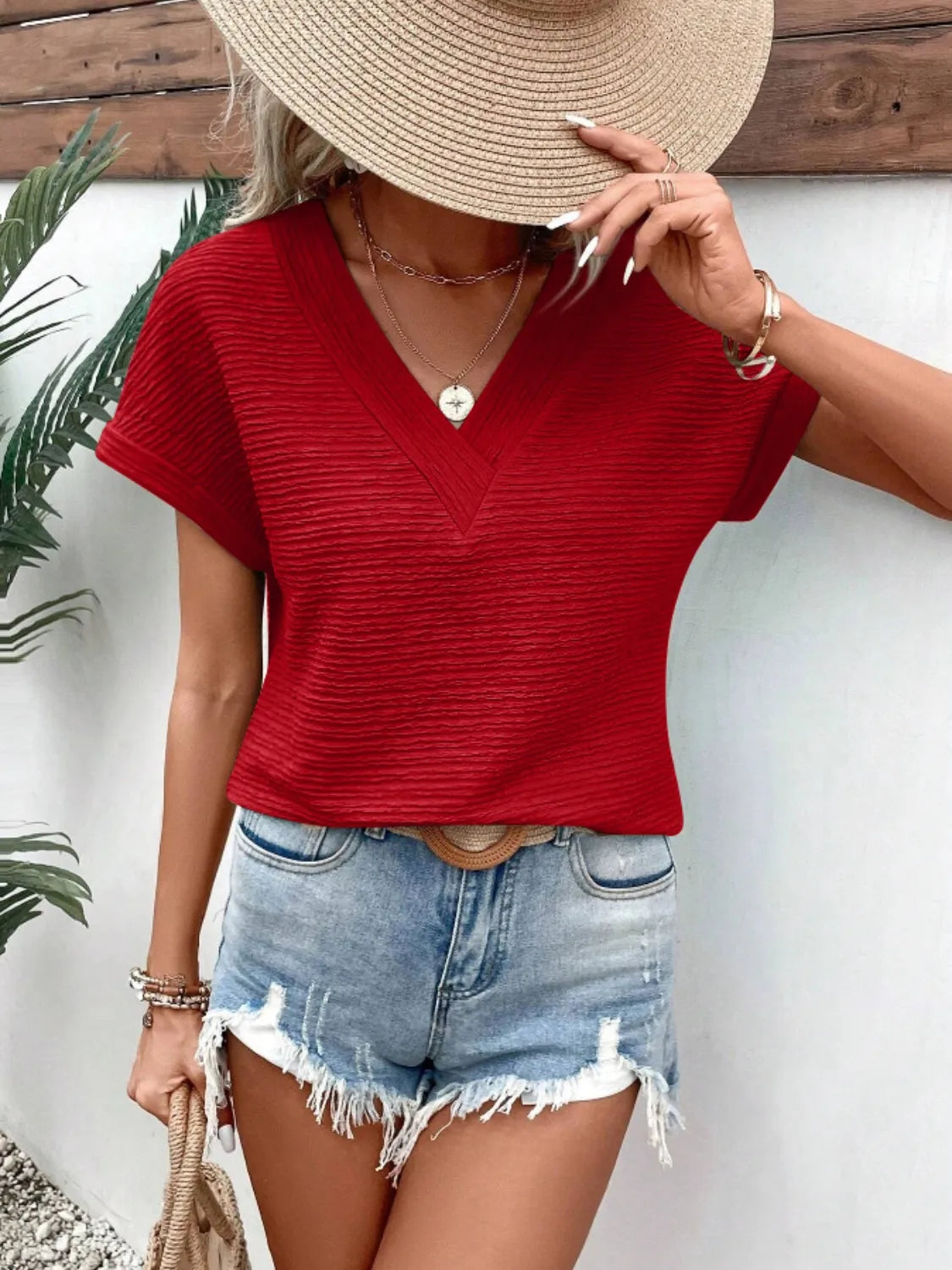 Textured Solid Color Short Sleeve Top.