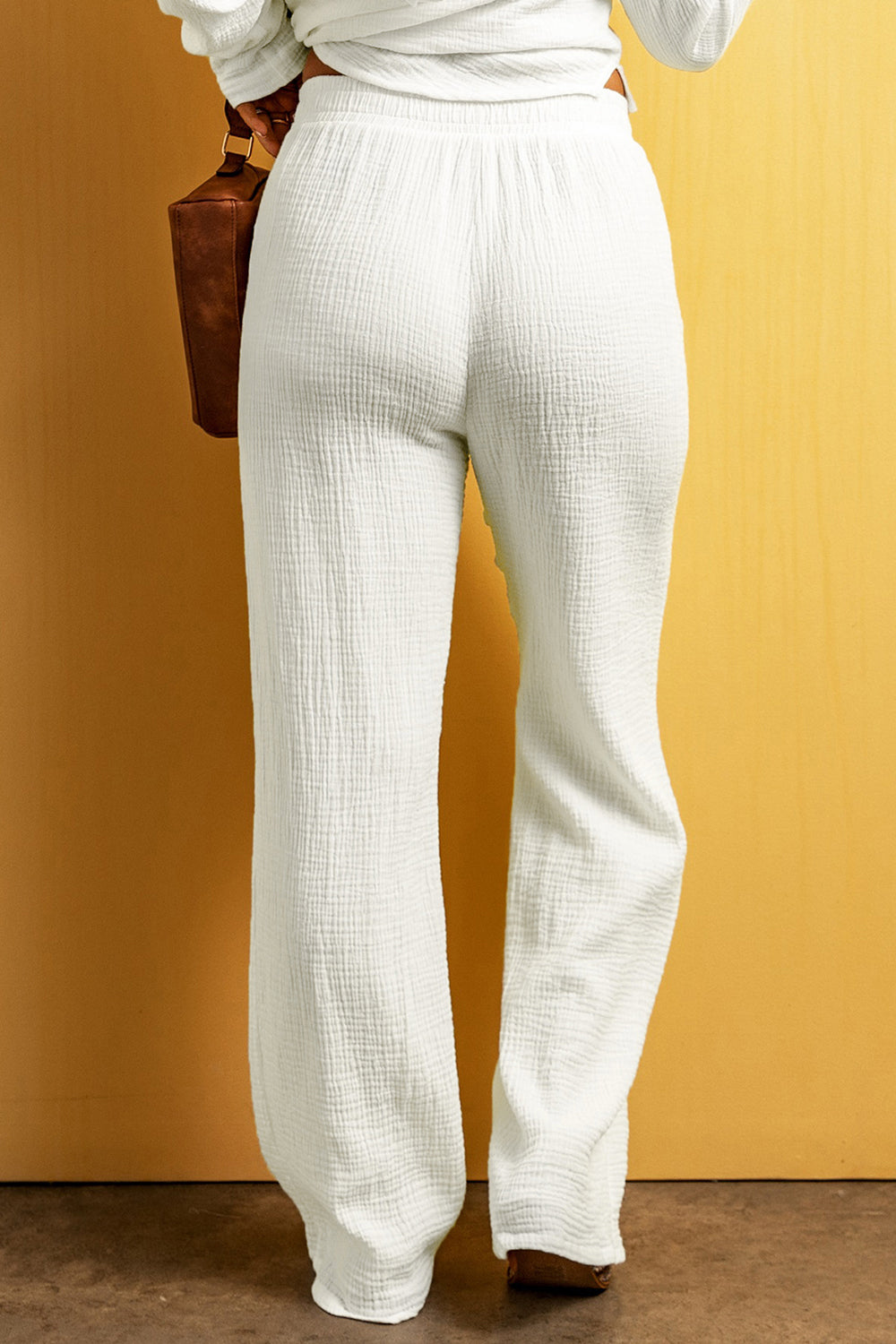 Textured straight leg pants with tie, opaque.