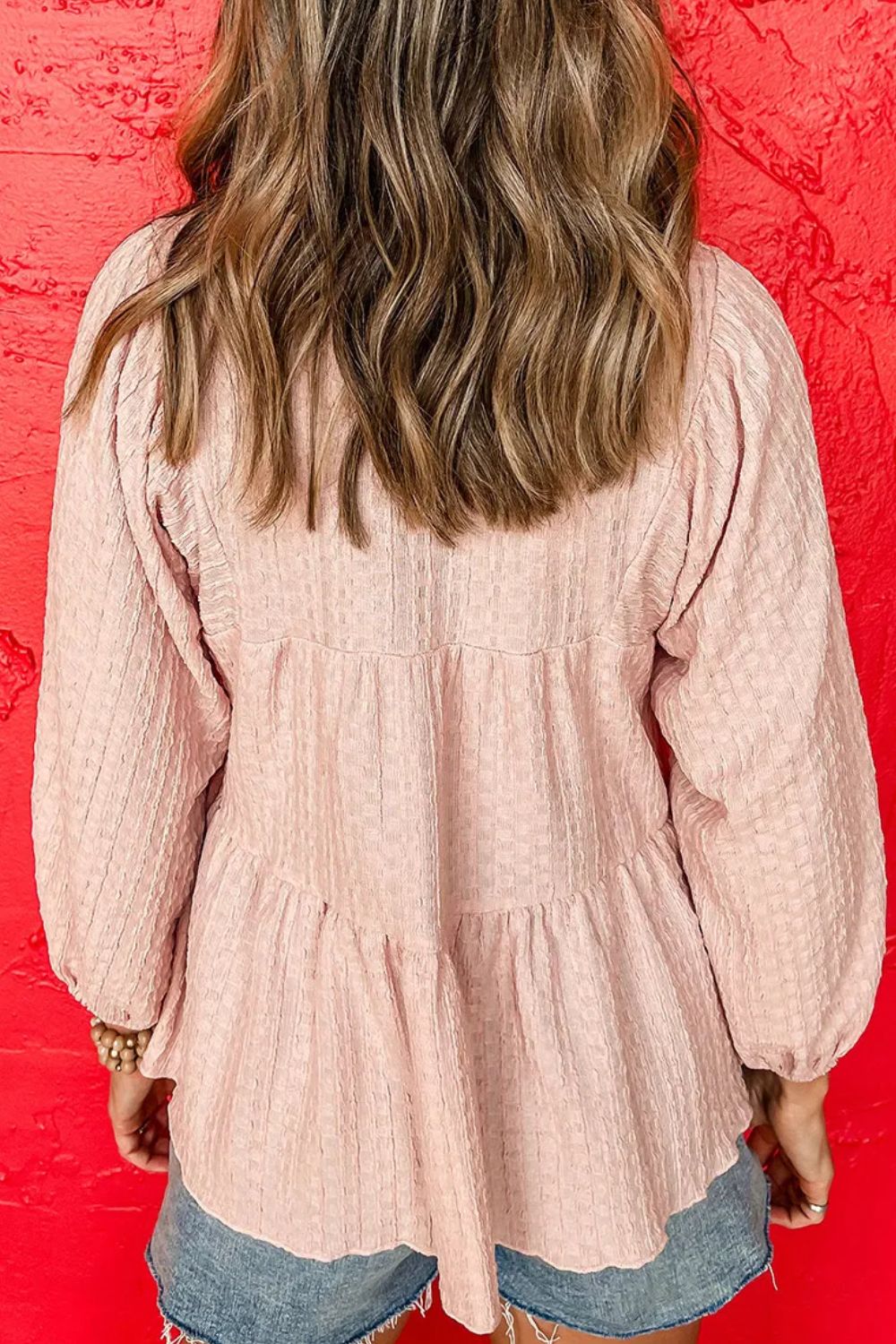 Textured Tie Neck Three-Quarter Sleeve Blouse.