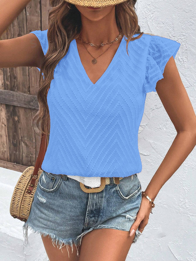 Textured V-Neck Cap Sleeve Blouse.