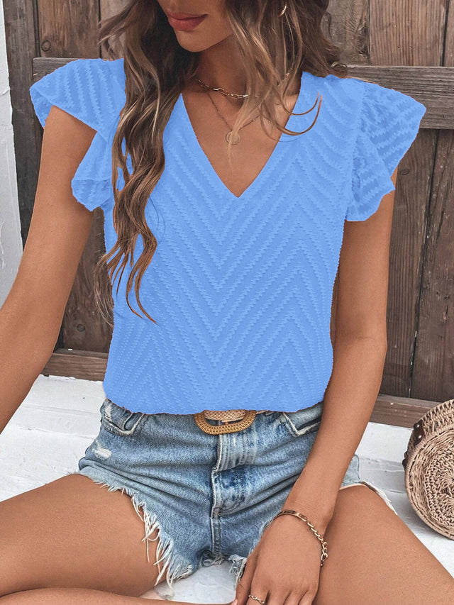 Textured V-Neck Cap Sleeve Blouse.