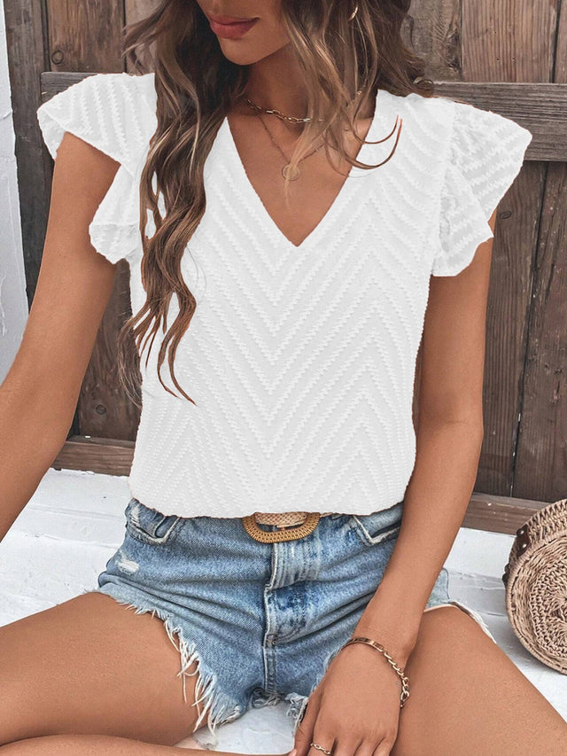Textured V-Neck Cap Sleeve Blouse.