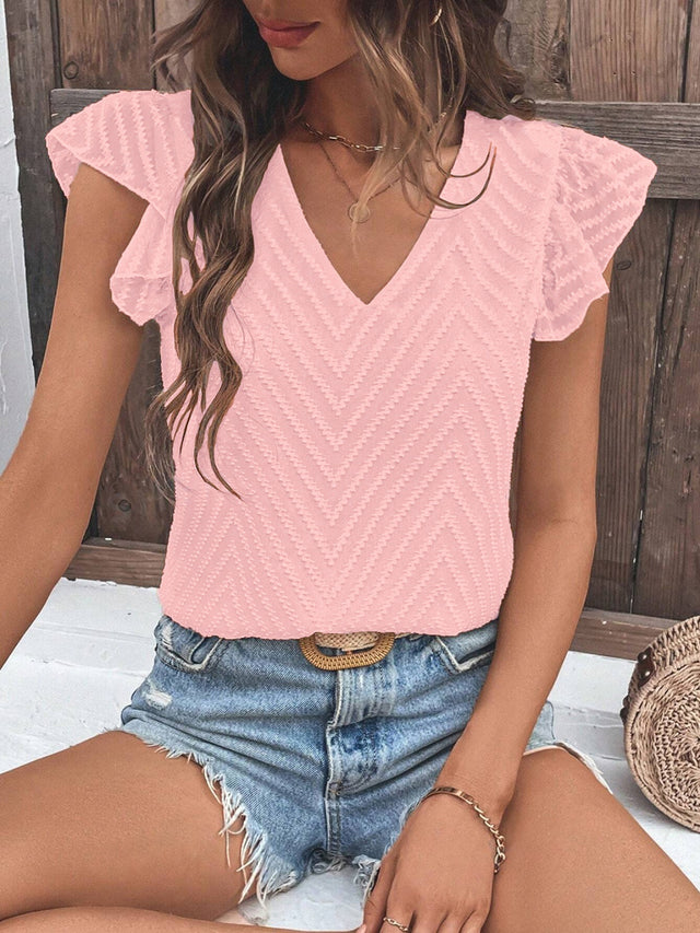 Textured V-Neck Cap Sleeve Blouse.