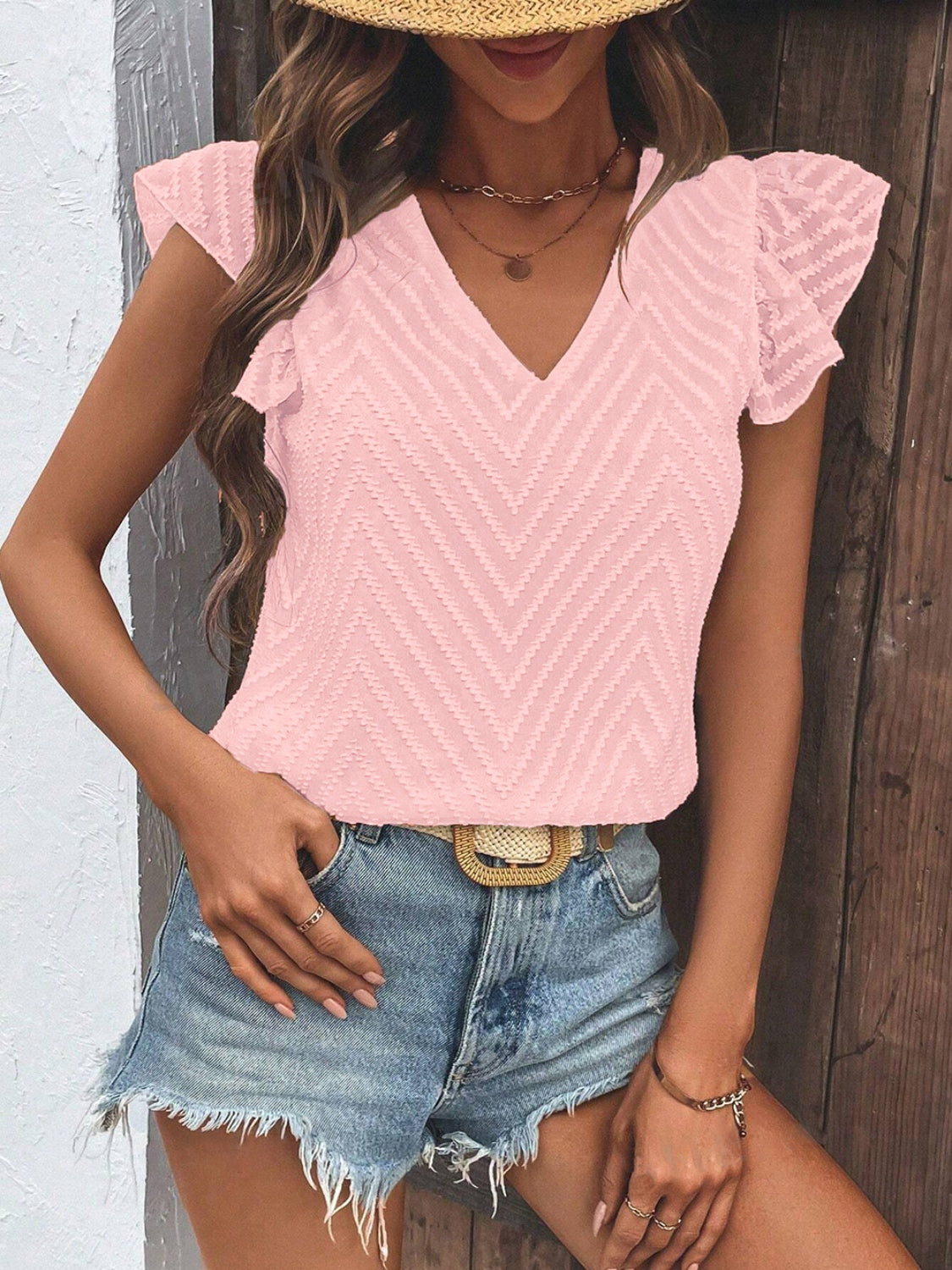 Textured V-Neck Cap Sleeve Blouse.