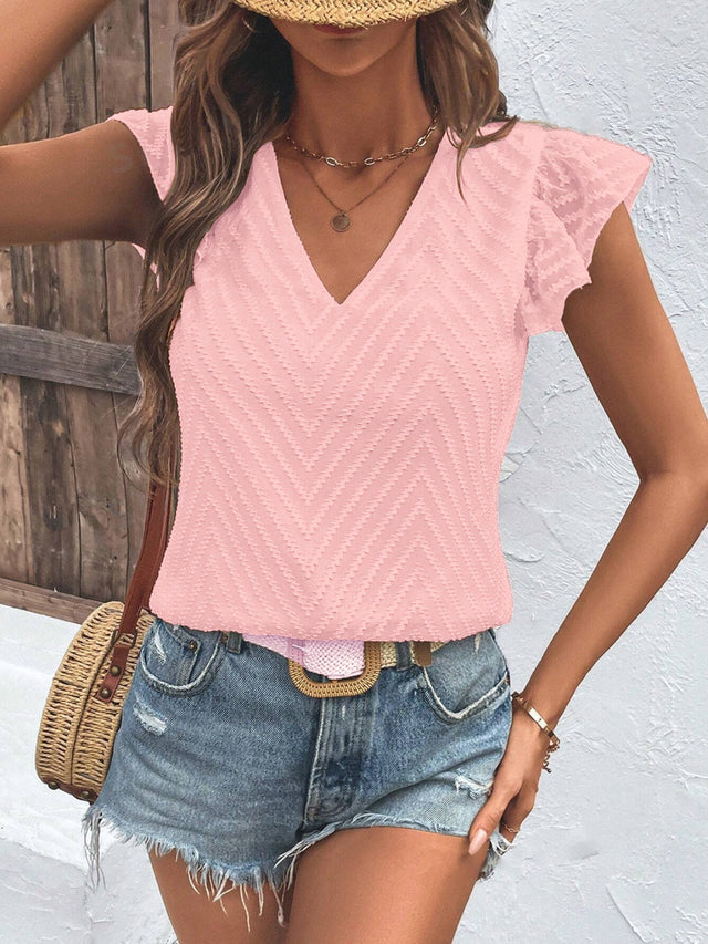 Textured V-Neck Cap Sleeve Blouse.