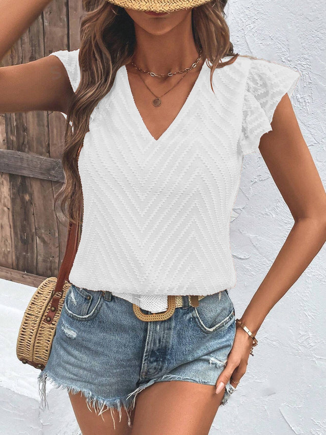 Textured V-Neck Cap Sleeve Blouse.