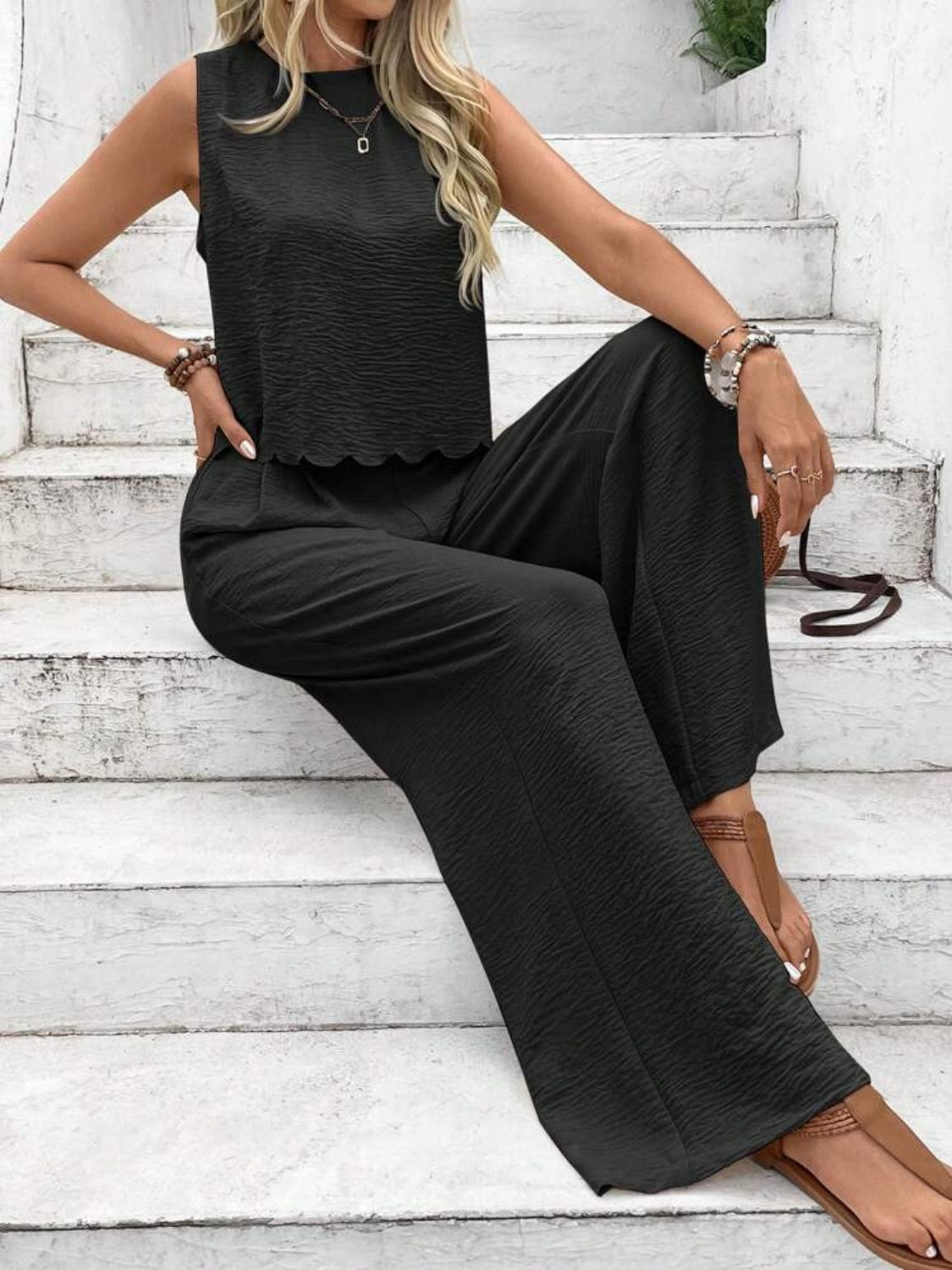 Tie Back Round Neck Top and Pants Set.