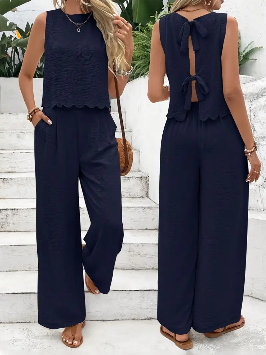 Tie Back Round Neck Top and Pants Set.