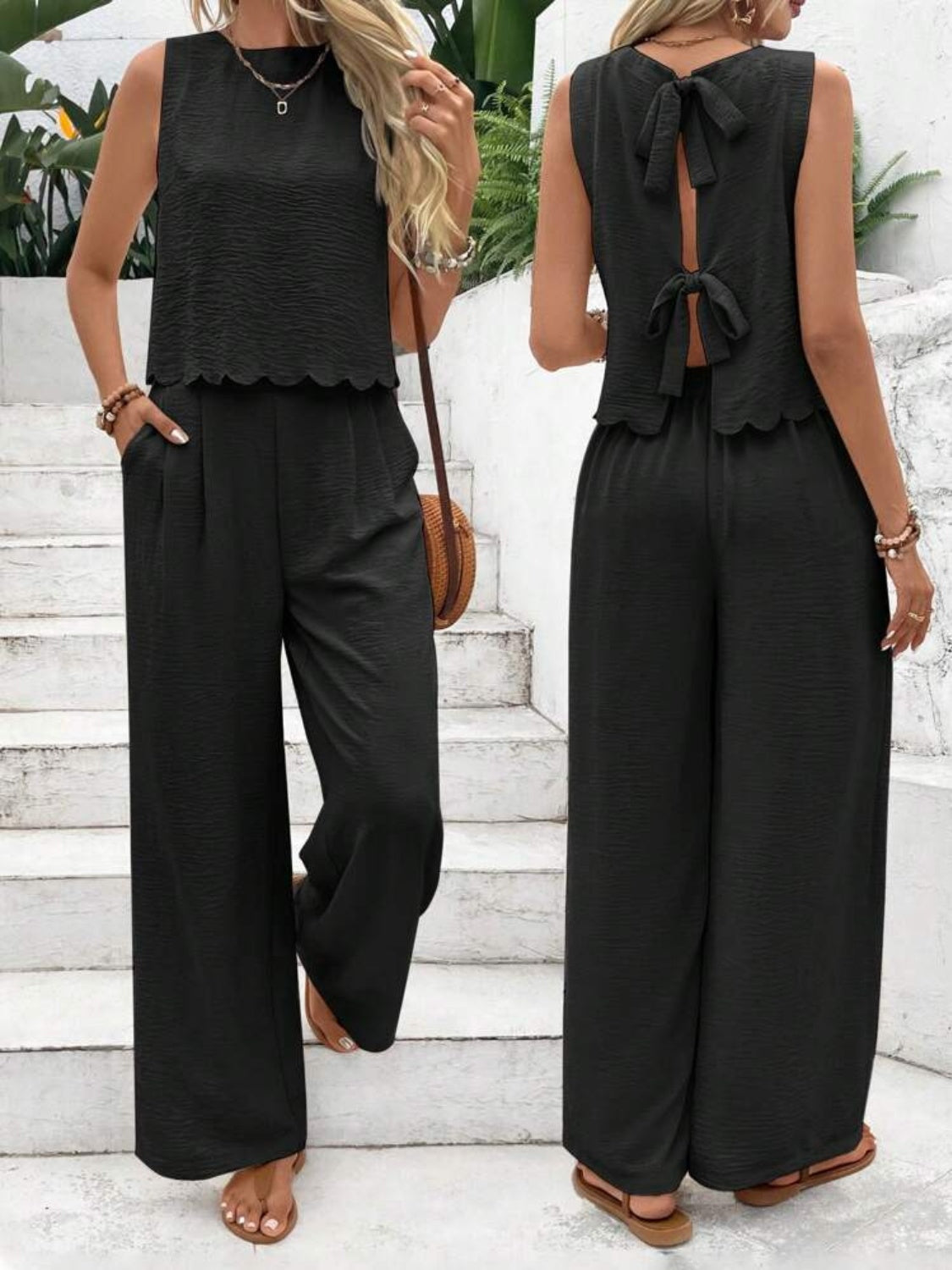 Tie Back Round Neck Top and Pants Set.