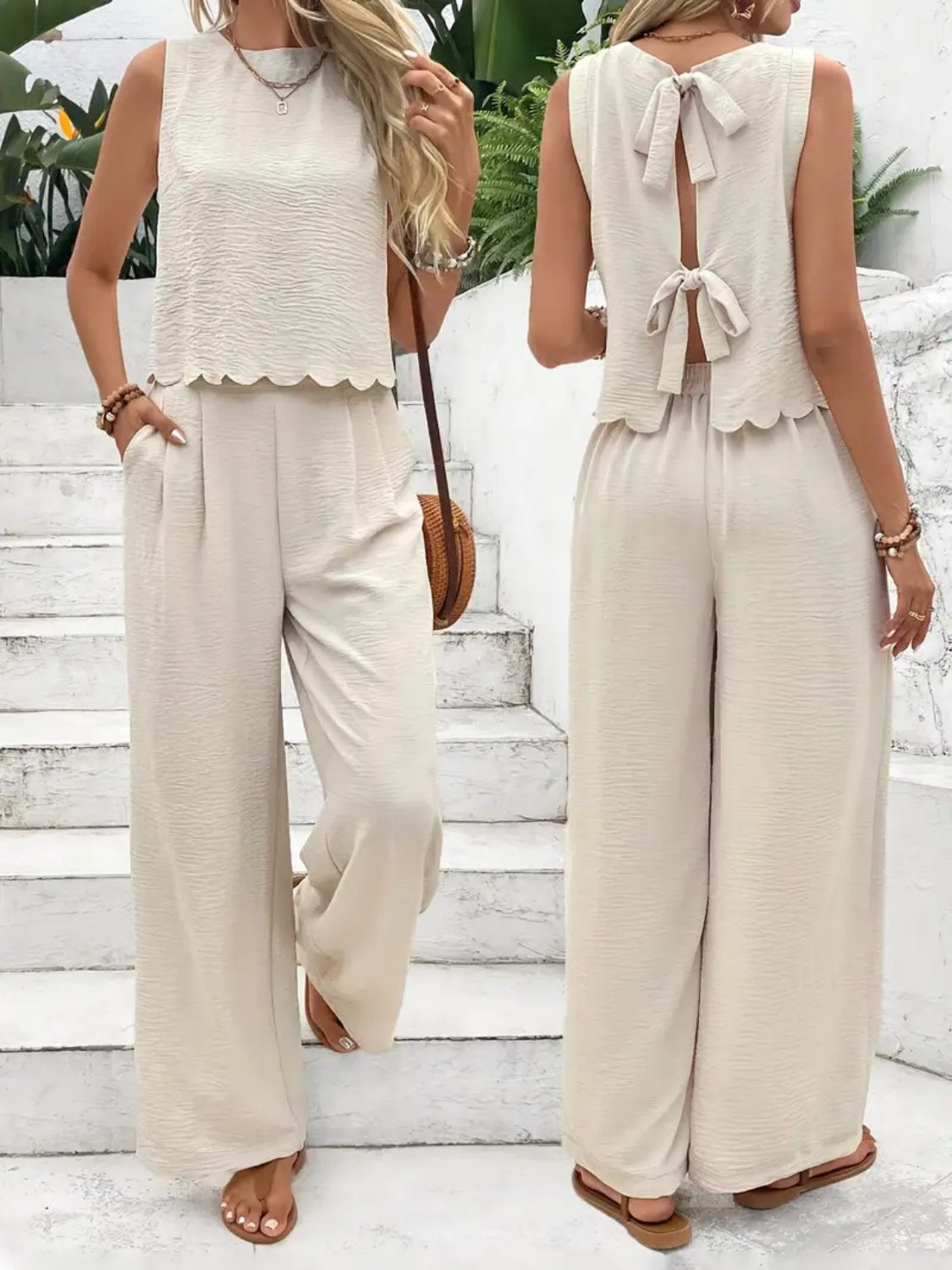 Tie Back Round Neck Top and Pants Set.