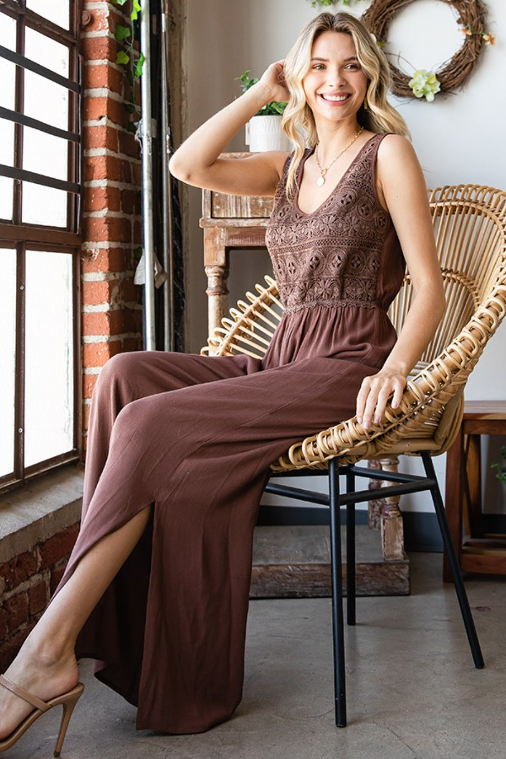 Tie Back Sleeveless Slit Wide Leg Jumpsuit.