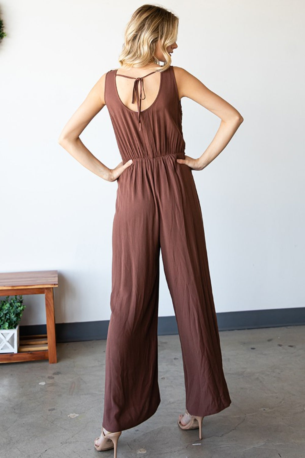 Tie Back Sleeveless Slit Wide Leg Jumpsuit.