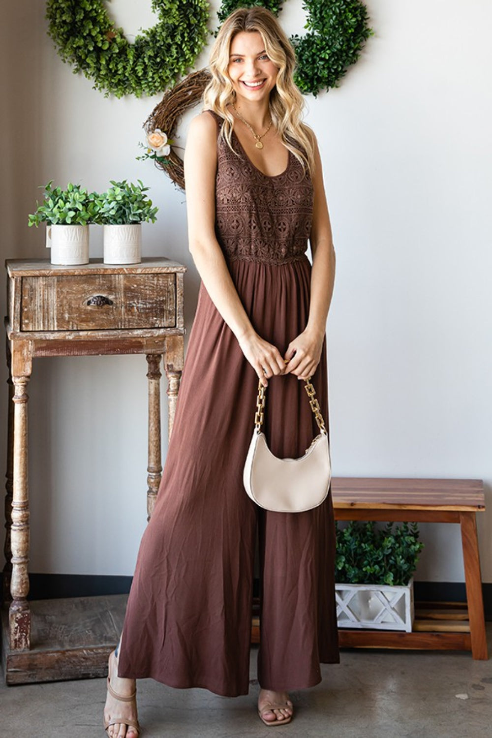 Tie Back Sleeveless Slit Wide Leg Jumpsuit.