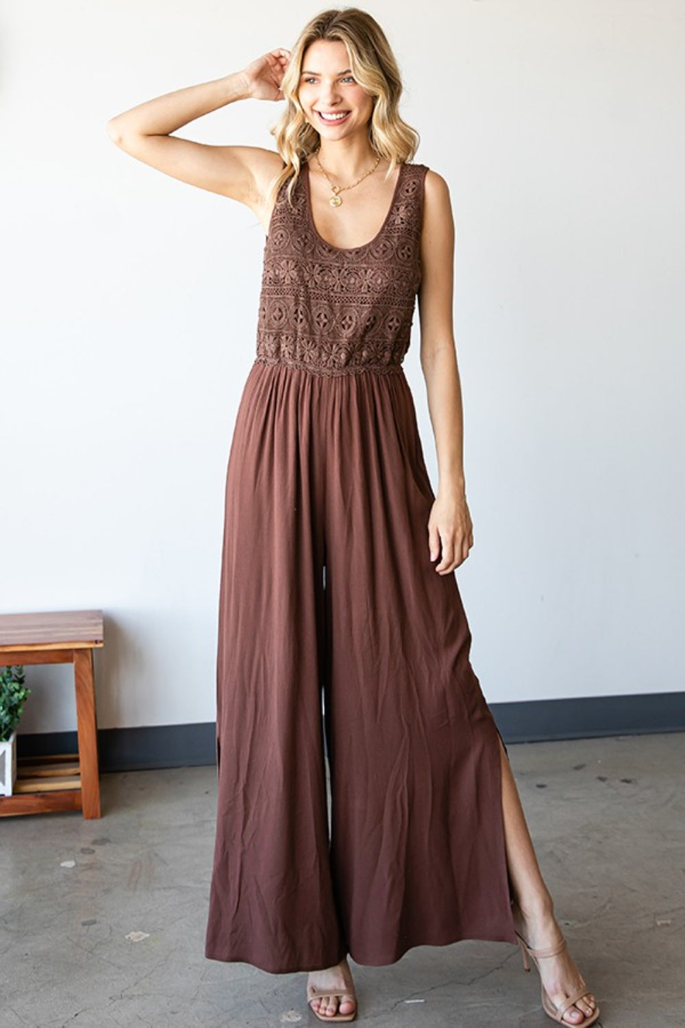Tie Back Sleeveless Slit Wide Leg Jumpsuit.