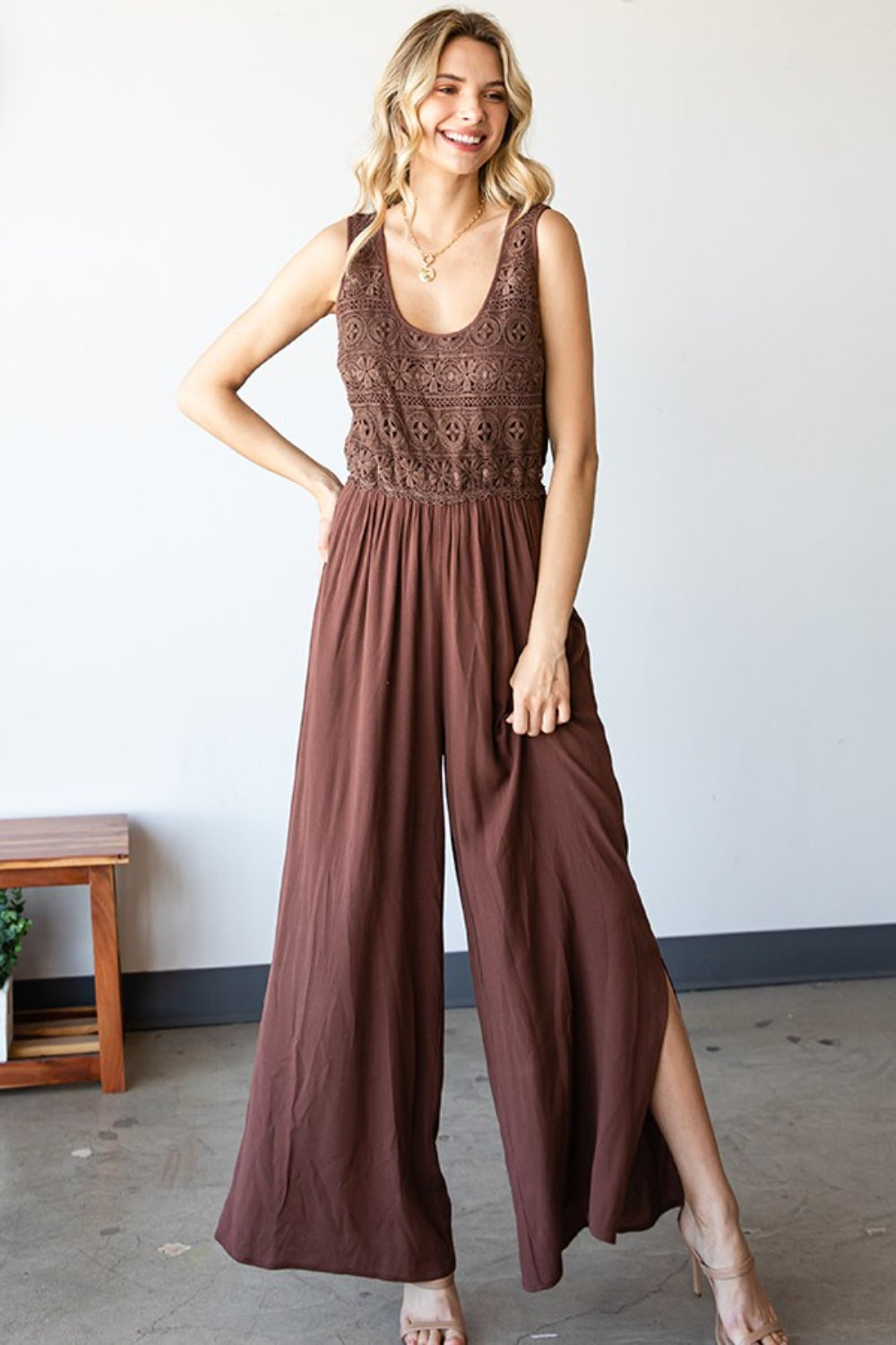 Tie Back Sleeveless Slit Wide Leg Jumpsuit.