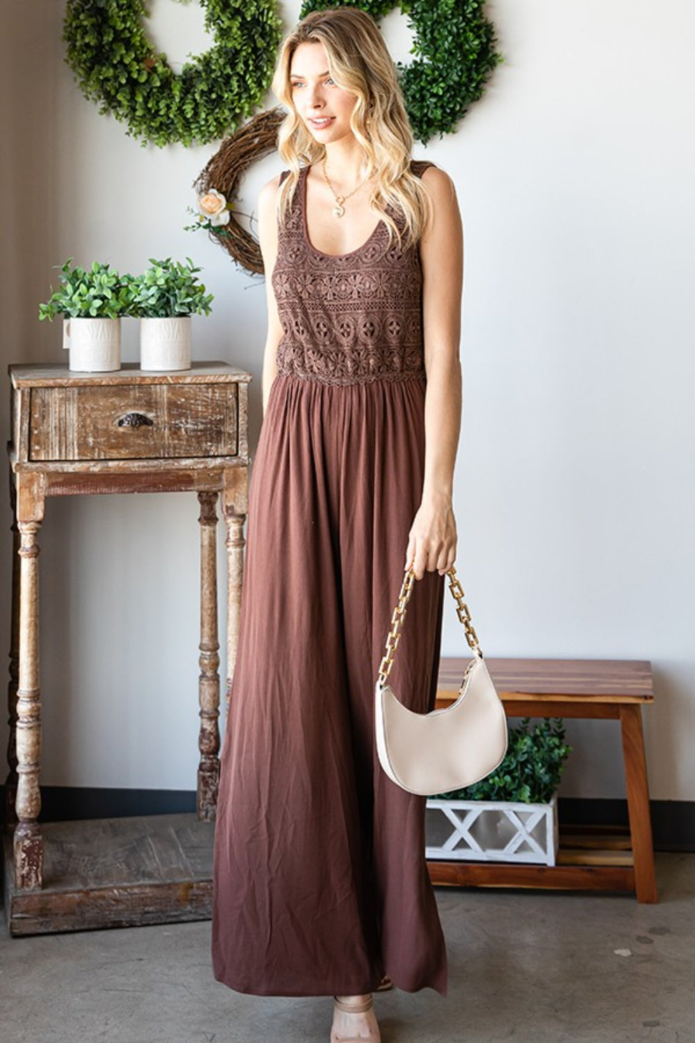 Tie Back Sleeveless Slit Wide Leg Jumpsuit.