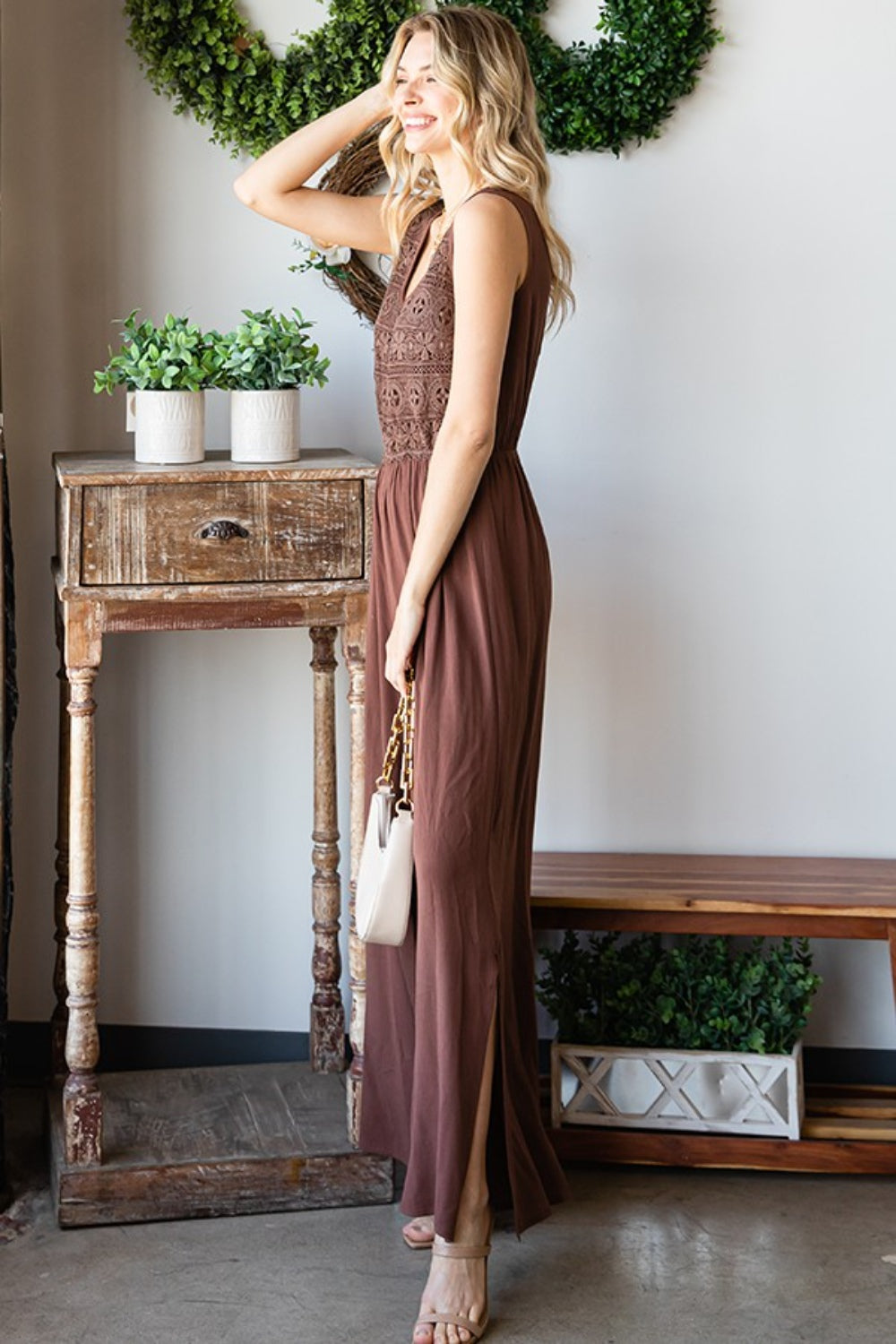 Tie Back Sleeveless Slit Wide Leg Jumpsuit.