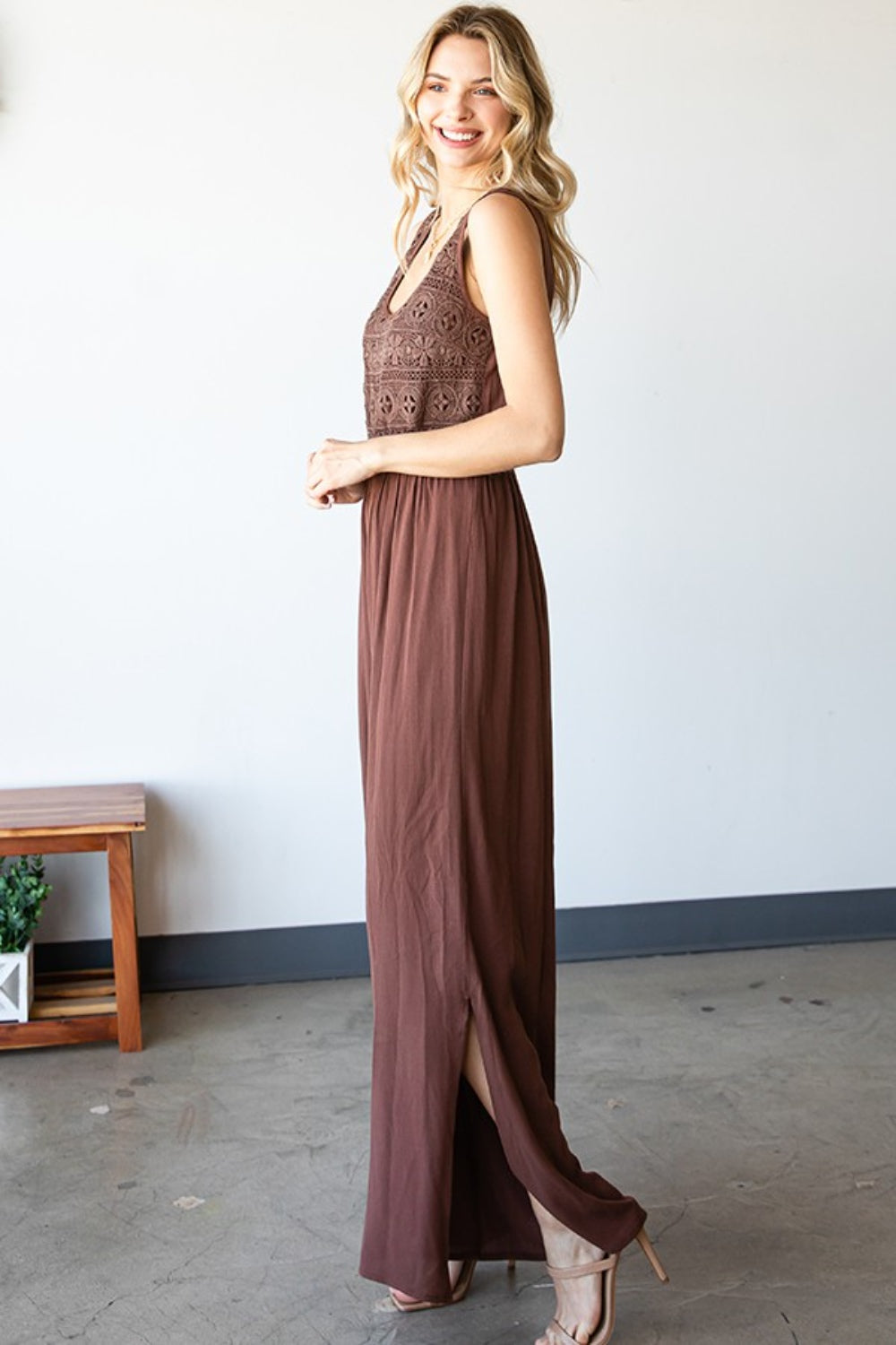 Tie Back Sleeveless Slit Wide Leg Jumpsuit.