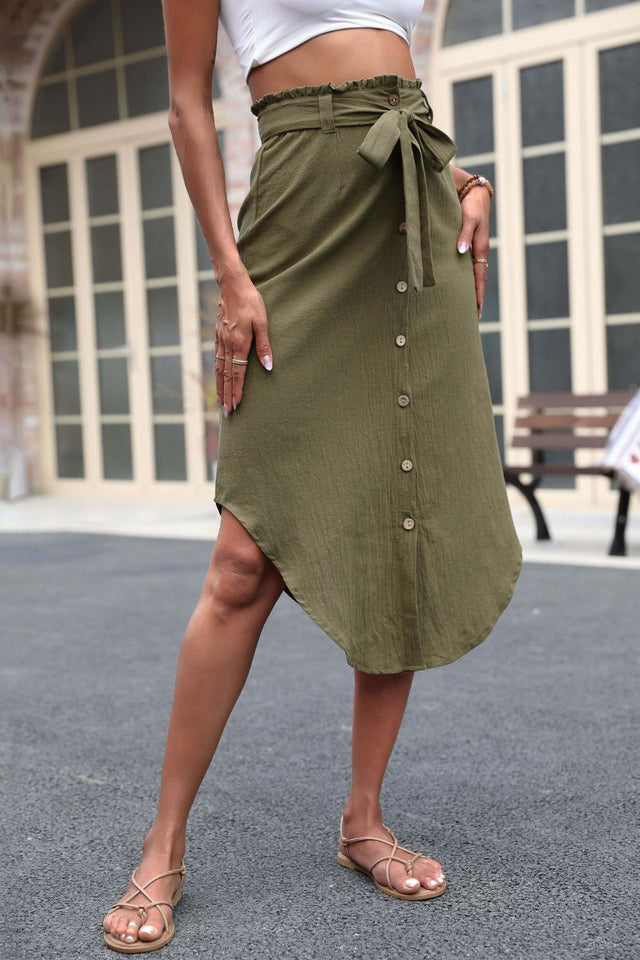 Perfee Tie Belt Frill Trim Buttoned Skirt.