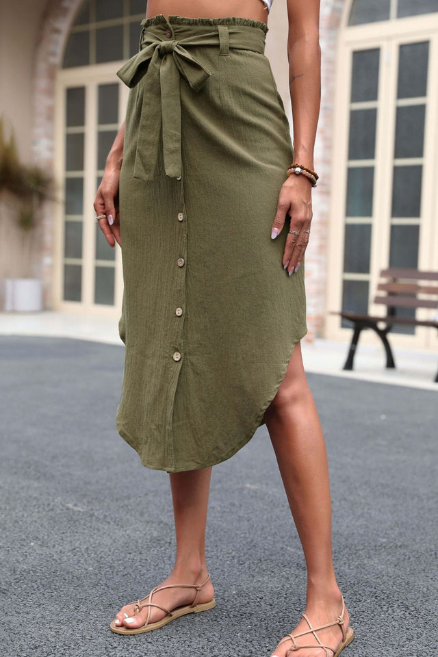 Perfee Tie Belt Frill Trim Buttoned Skirt.