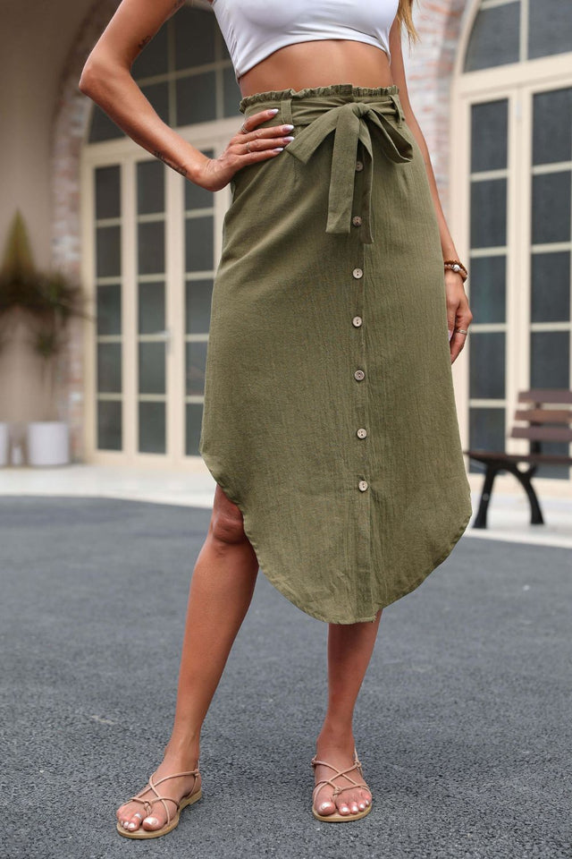 Perfee Tie Belt Frill Trim Buttoned Skirt.