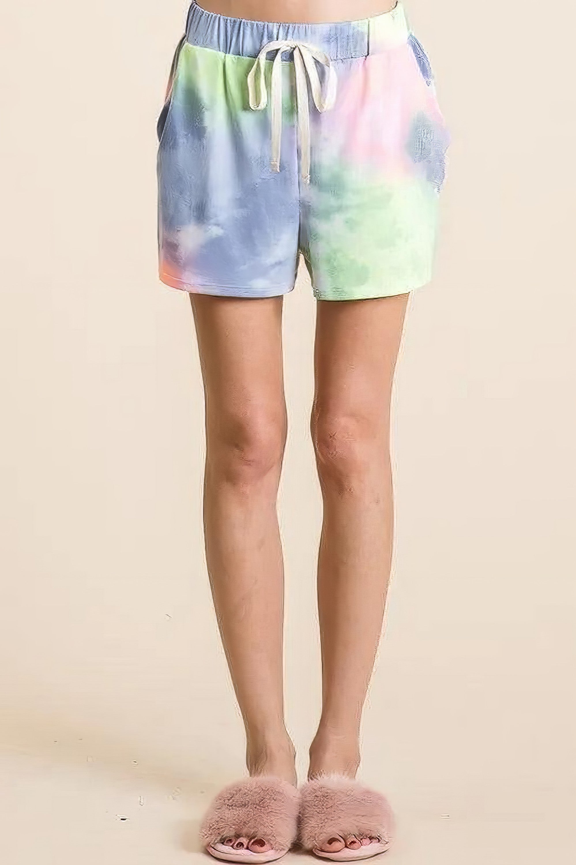Tie dye casual shorts with twill tape drawstring and pockets.
