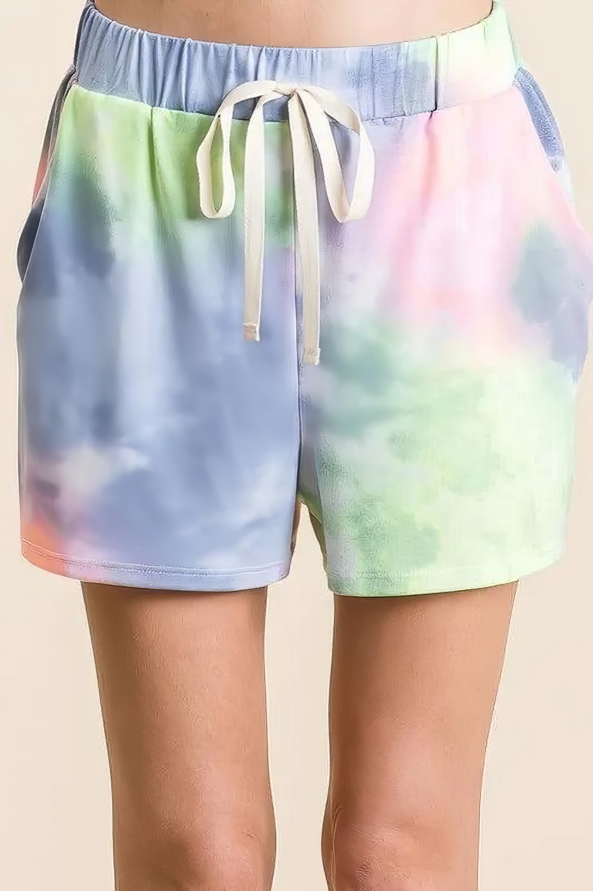Tie dye casual shorts with twill tape drawstring and pockets.