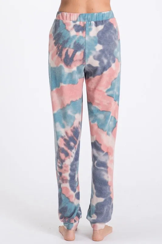 Tie dye French terry casual pants with drawstring and pockets.
