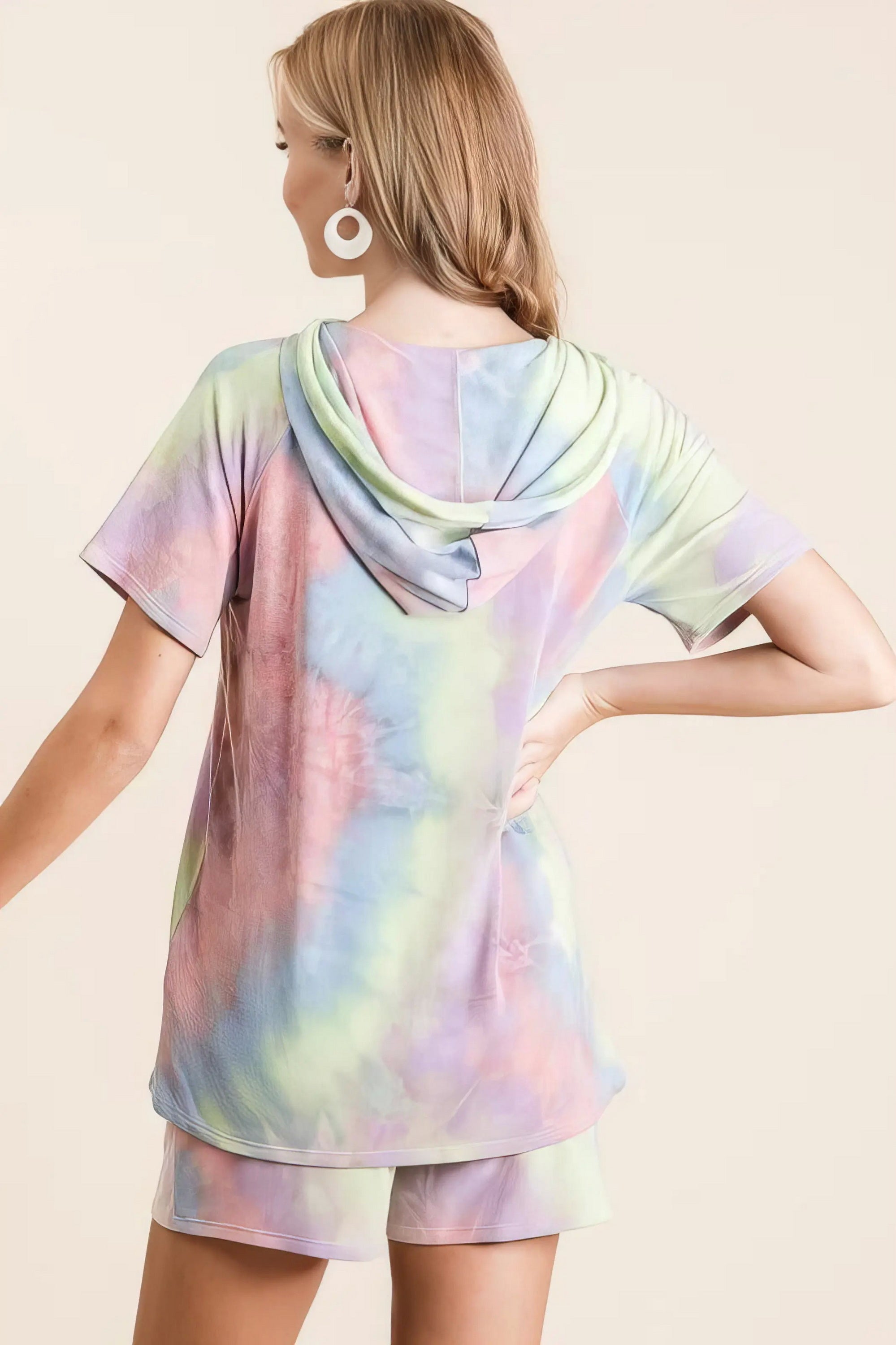 Tie dye french terry hoodie top and bottom set, women's cozy loungewear, trendy two-piece outfit, comfortable French terry fabric, stylish tie-dye pattern, practical pockets, drawstring hoodie, moderate stretch polyester, ideal for relaxing or casual outings