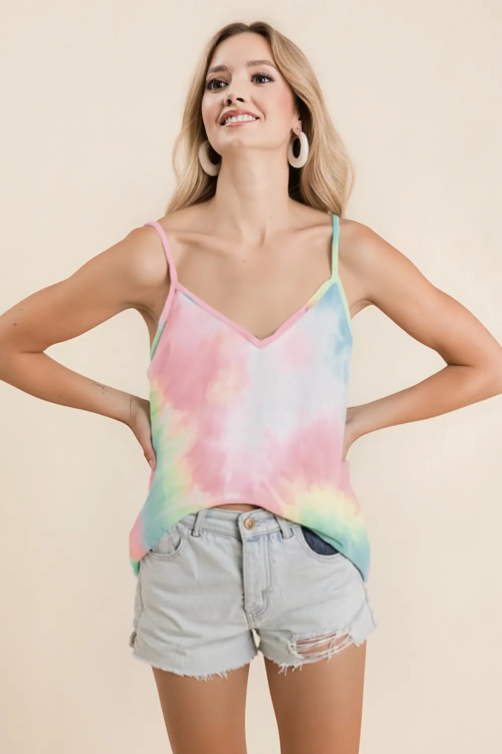 Tie dye French terry knit cami, slightly stretchy.