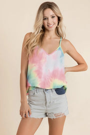 Tie dye French terry knit cami, slightly stretchy.