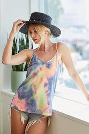 Tie dye French terry knit cami, slightly stretchy.