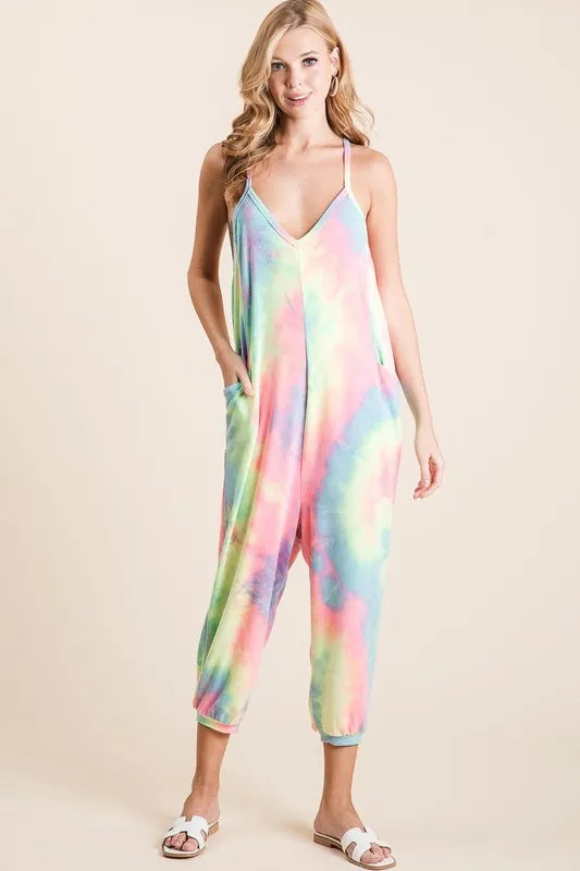 Tie Dye French Terry Mid-Length Casual Jumpsuit