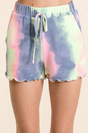 Tie dye French terry shorts with curly edge and drawstring.