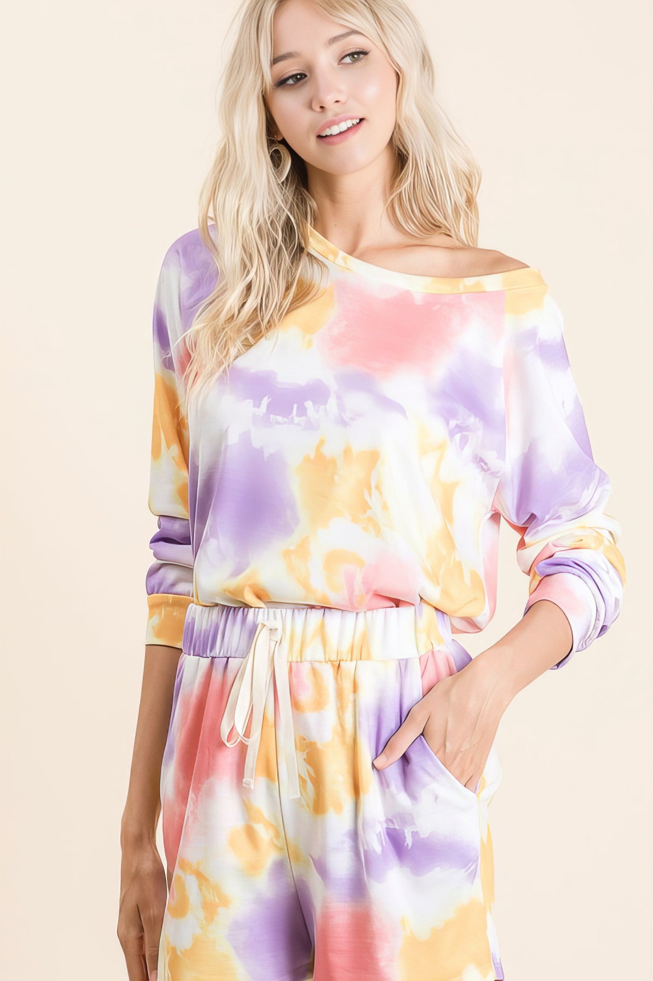 tie dye french terry top and shorts set, women's cozy lounge wear, comfortable tie-dye two-piece, soft French terry fabric, trendy summer outfit, relaxed fit matching set, stylish casual wear, colorful tie dye print