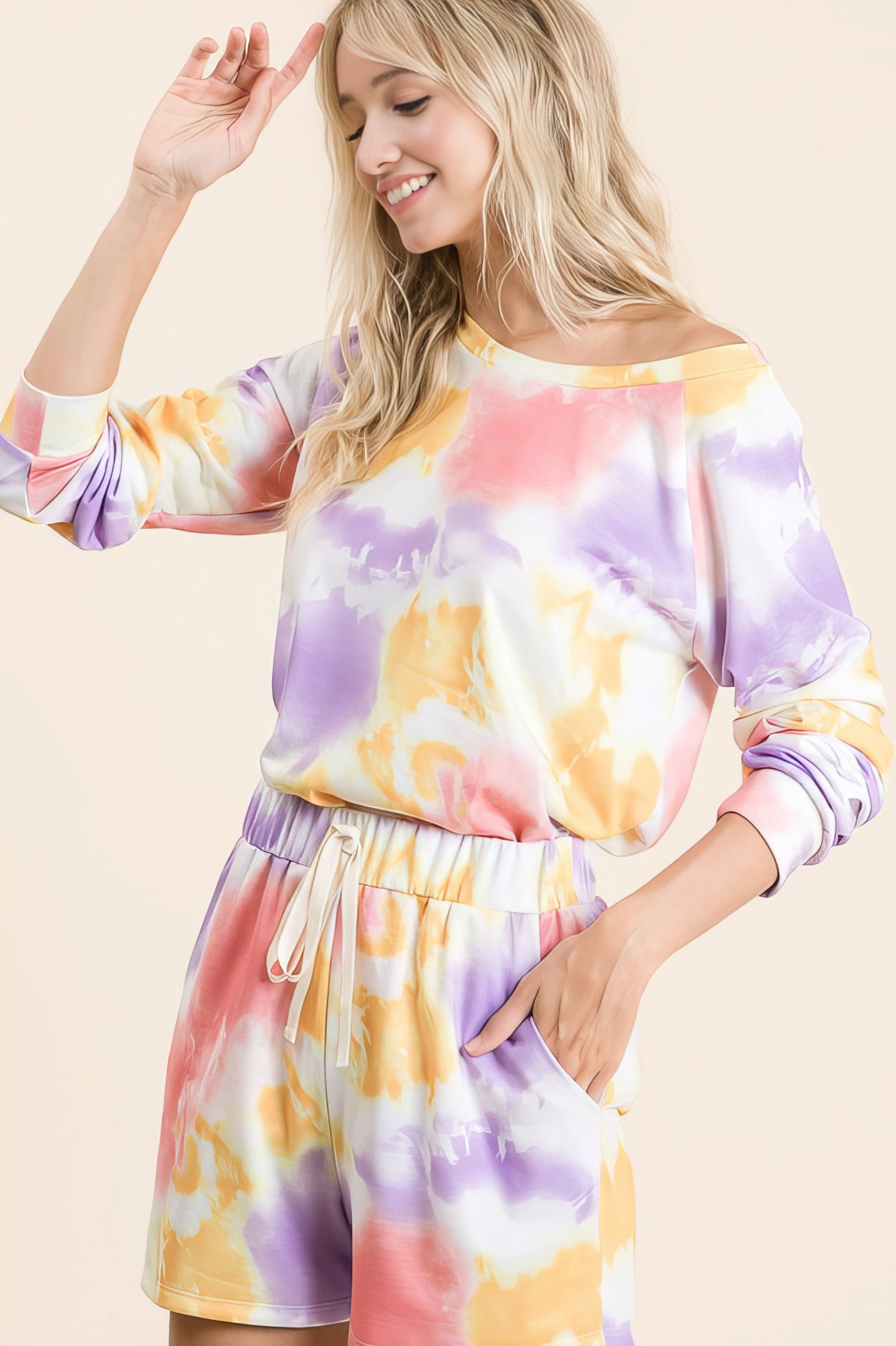tie dye french terry top and shorts set, women's cozy lounge wear, comfortable tie-dye two-piece, soft French terry fabric, trendy summer outfit, relaxed fit matching set, stylish casual wear, colorful tie dye print