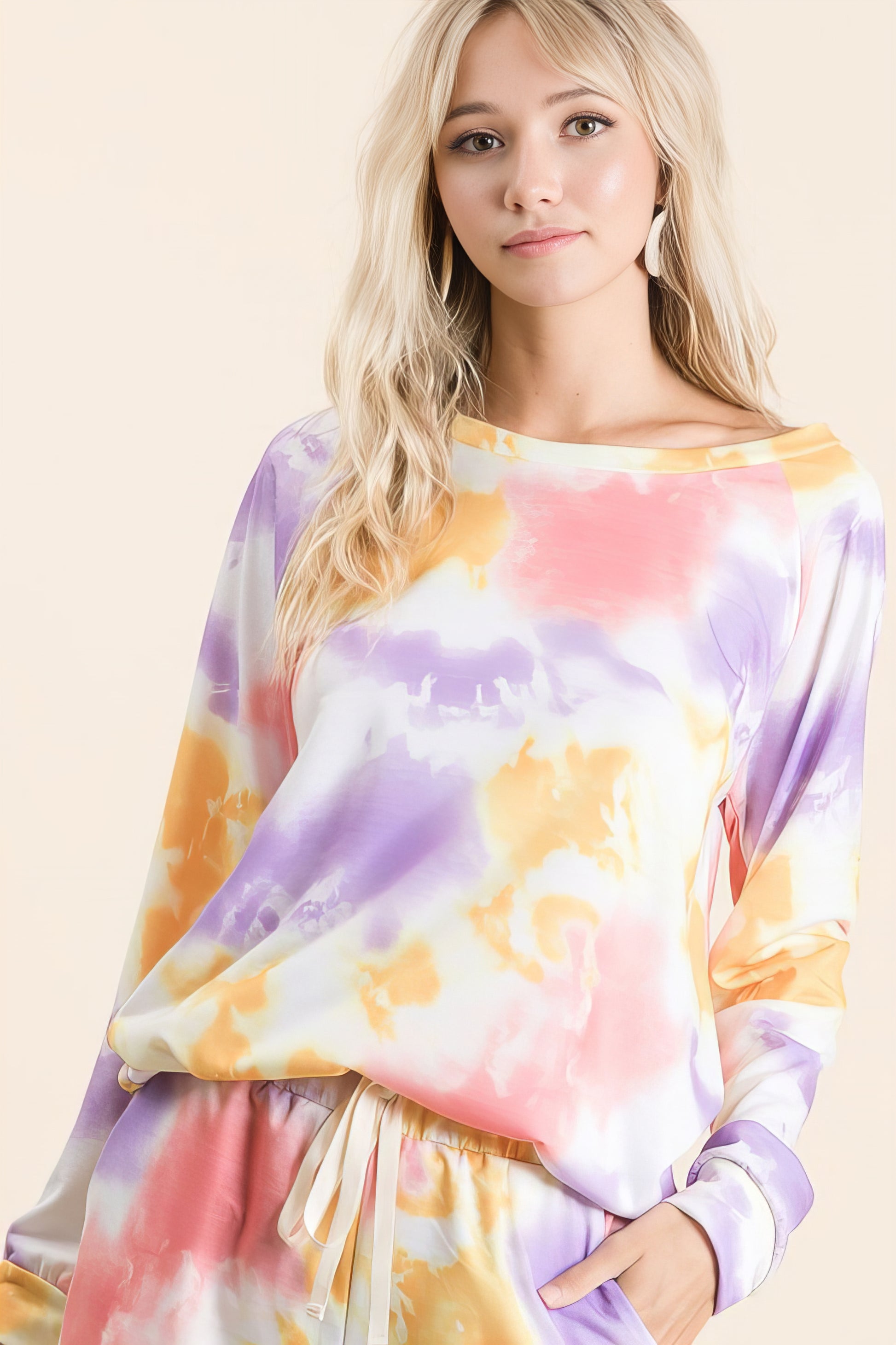tie dye french terry top and shorts set, women's cozy lounge wear, comfortable tie-dye two-piece, soft French terry fabric, trendy summer outfit, relaxed fit matching set, stylish casual wear, colorful tie dye print