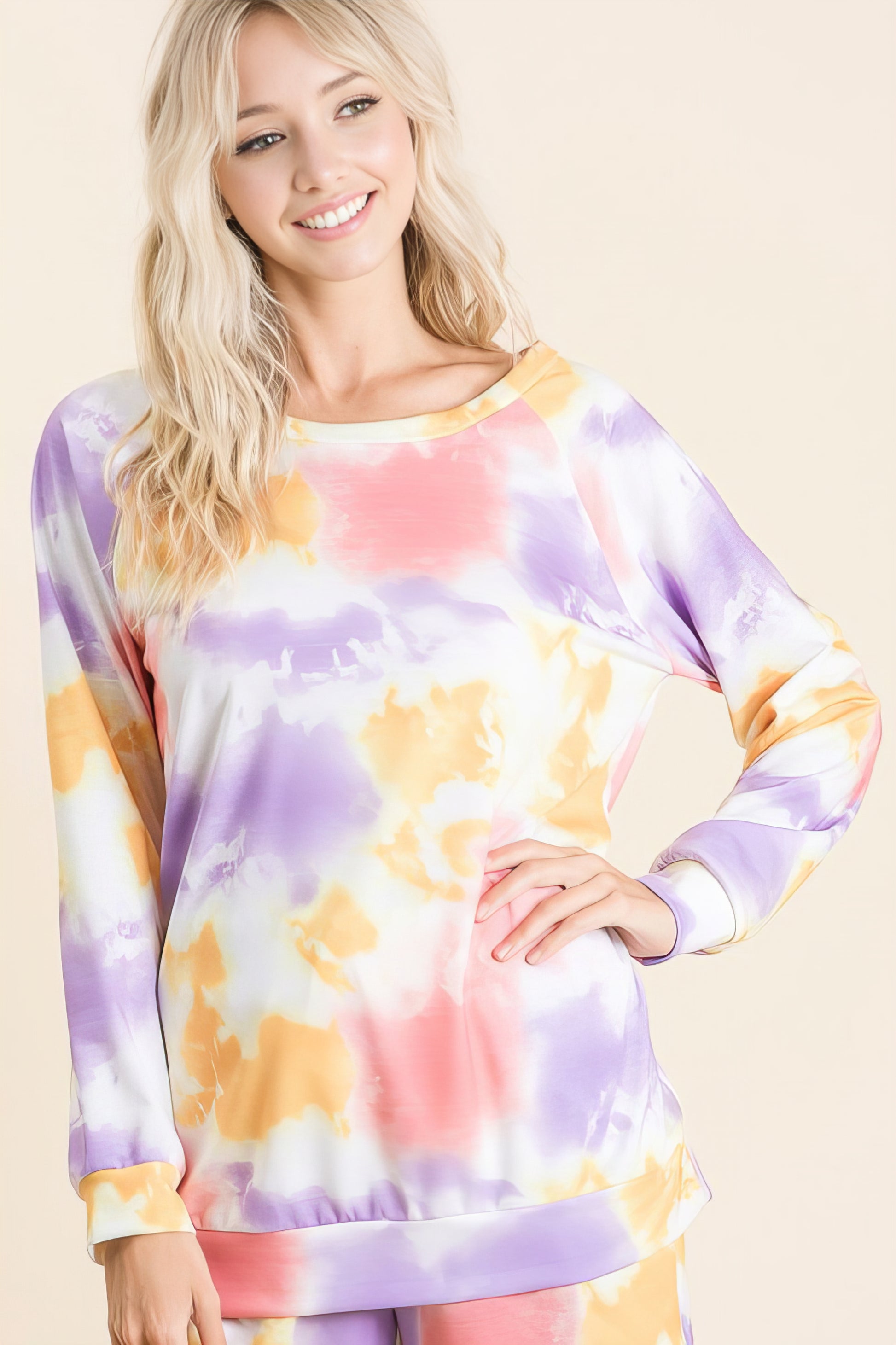 tie dye french terry top and shorts set, women's cozy lounge wear, comfortable tie-dye two-piece, soft French terry fabric, trendy summer outfit, relaxed fit matching set, stylish casual wear, colorful tie dye print