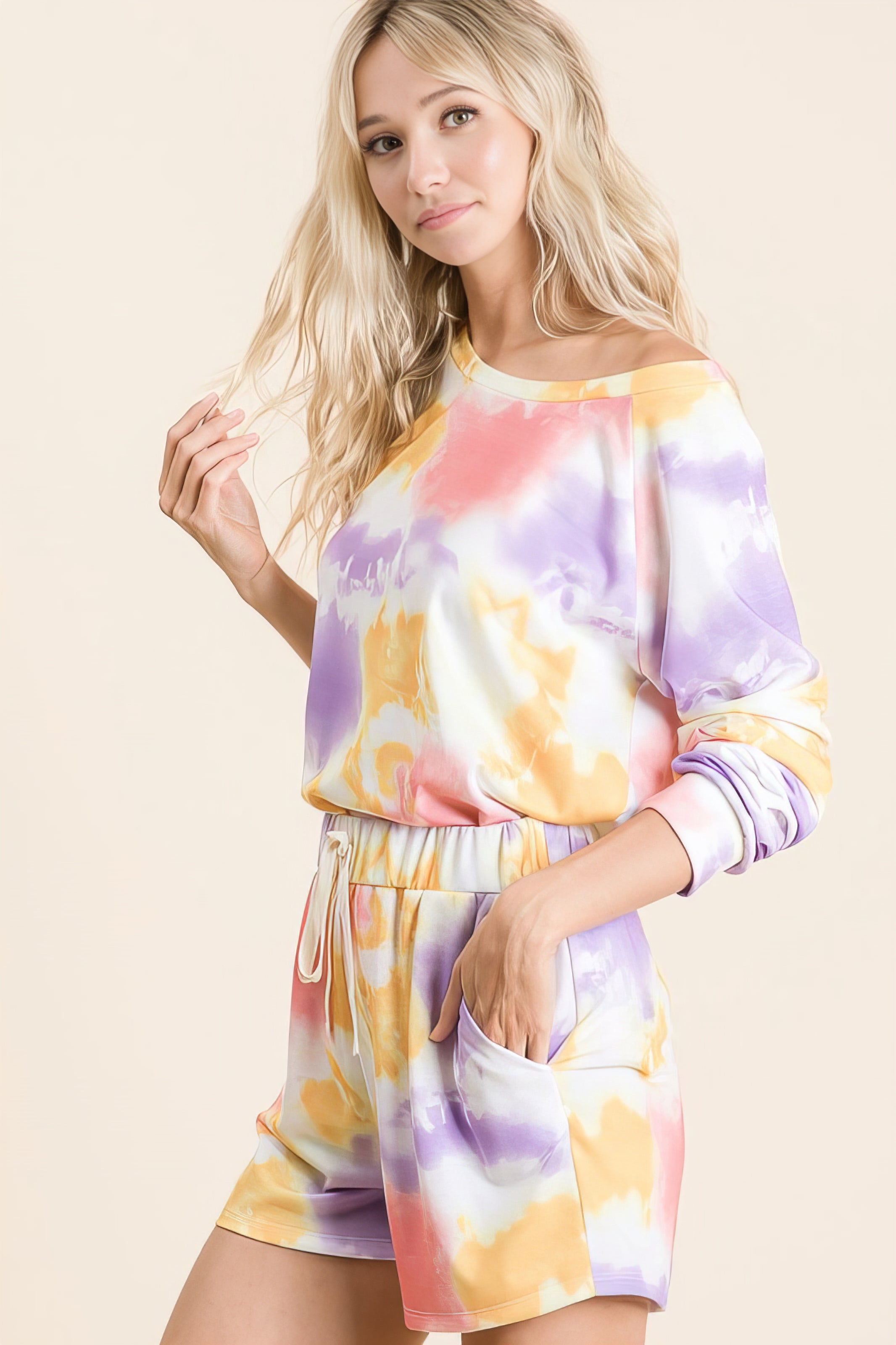 tie dye french terry top and shorts set, women's cozy lounge wear, comfortable tie-dye two-piece, soft French terry fabric, trendy summer outfit, relaxed fit matching set, stylish casual wear, colorful tie dye print