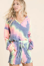 Tie dye french terry top and shorts set, women's fashionable two-piece outfit, comfortable French terry fabric, stylish tie-dye pattern, raw hem shorts, practical pockets, drawstring shorts, moderate stretch cotton, ideal for lounging or casual wear