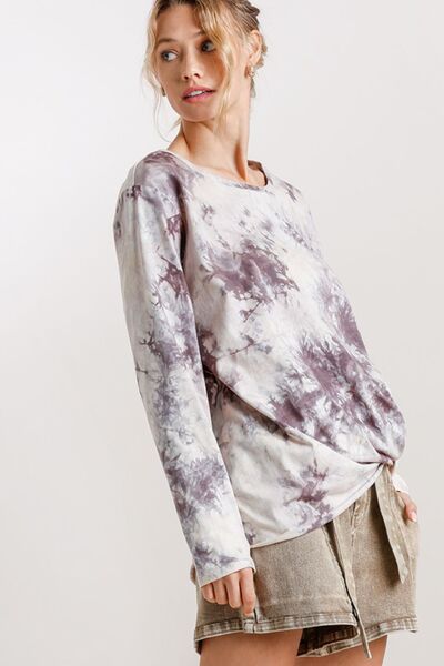 Tie Dye Front Gathered Detail Round Neck Long Sleeve T-Shirt Plus Size