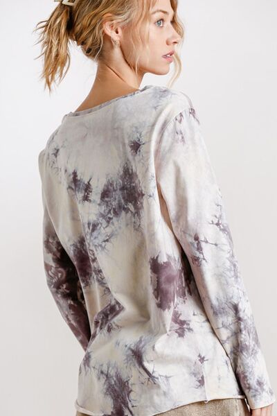 Tie Dye Front Gathered Detail Round Neck Long Sleeve T-Shirt Plus Size