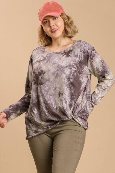 Tie Dye Front Gathered Detail Round Neck Long Sleeve T-Shirt Plus Size